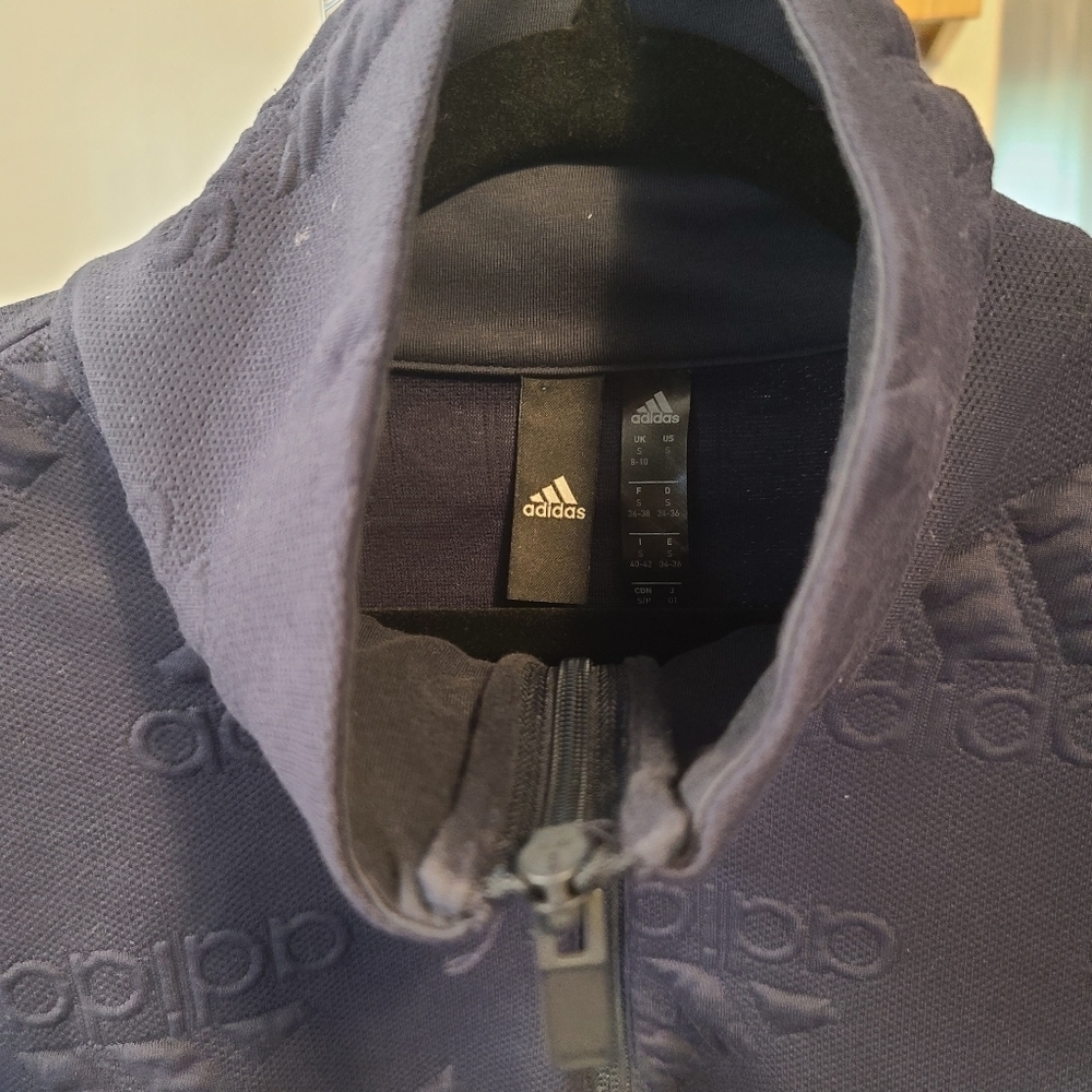 Adidas Aeroready Logo Jacquard Half Zip Navy Sweatshirt Etched Thumbholes Small - Picture 4 of 6